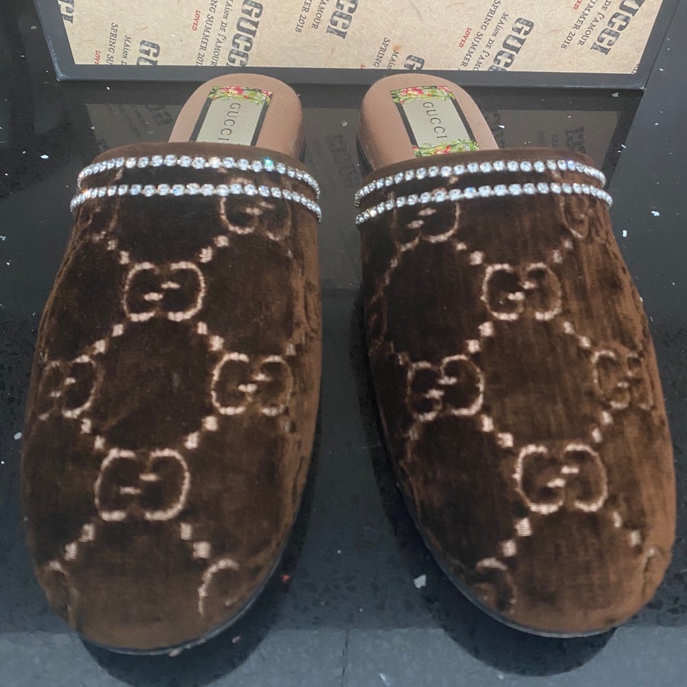Gucci GG Brown Suede Slippers With Crystal Trim